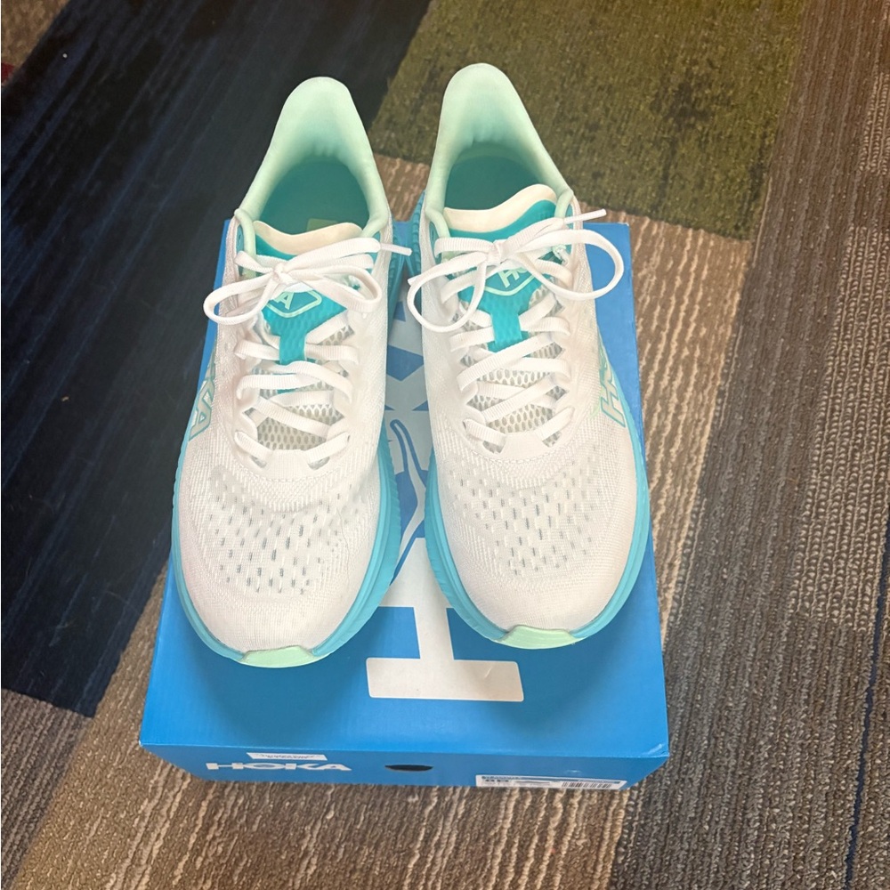 Hoka White and Aqua Running Shoes
